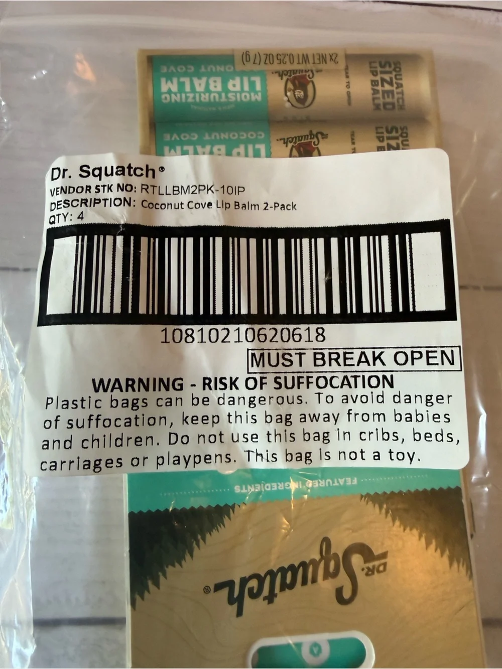 Dr. Squatch Moisturizing Lip Balm Coconut Cove. QTY:4